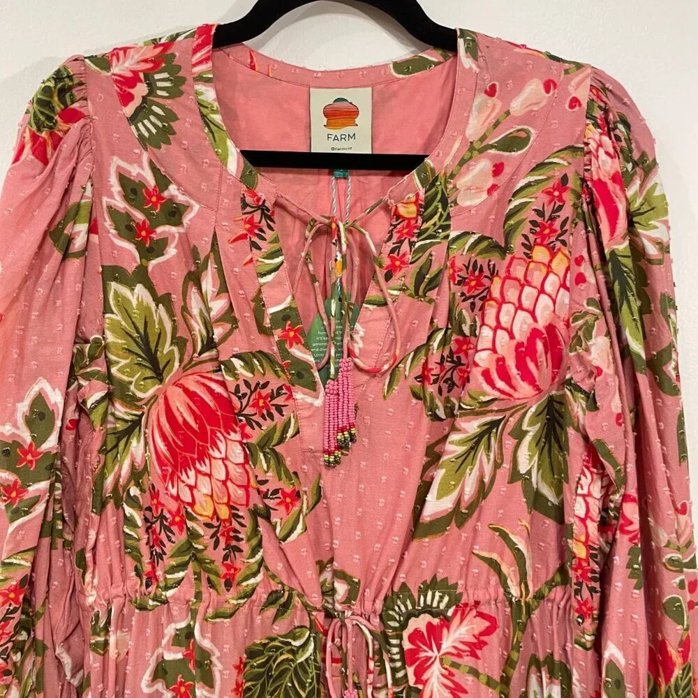 New Farm Rio Aura 100% Cotton Floral Peasant Mini Dress Pink Small - Picture 4 of 9